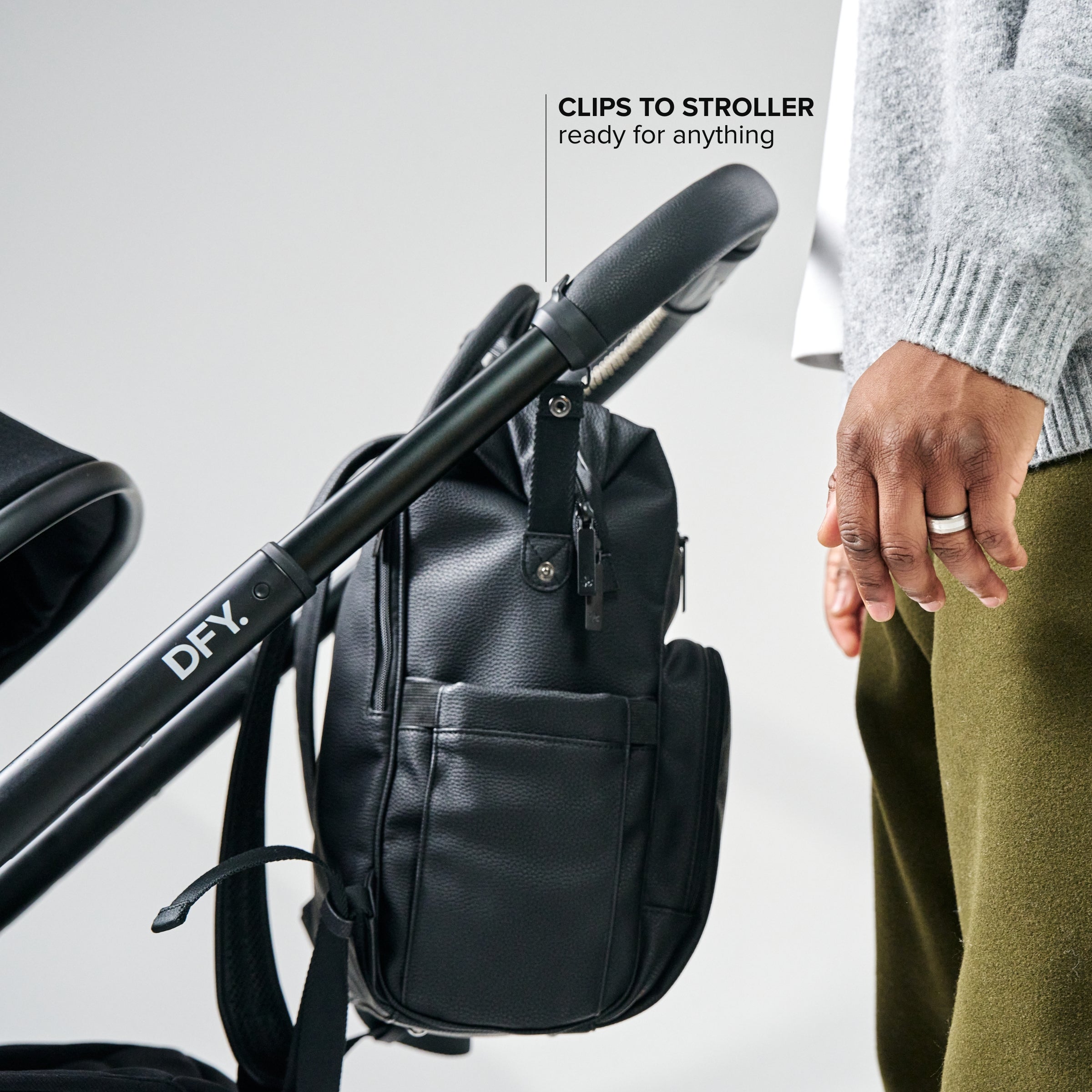 shot of diaper backpack attached to stroller