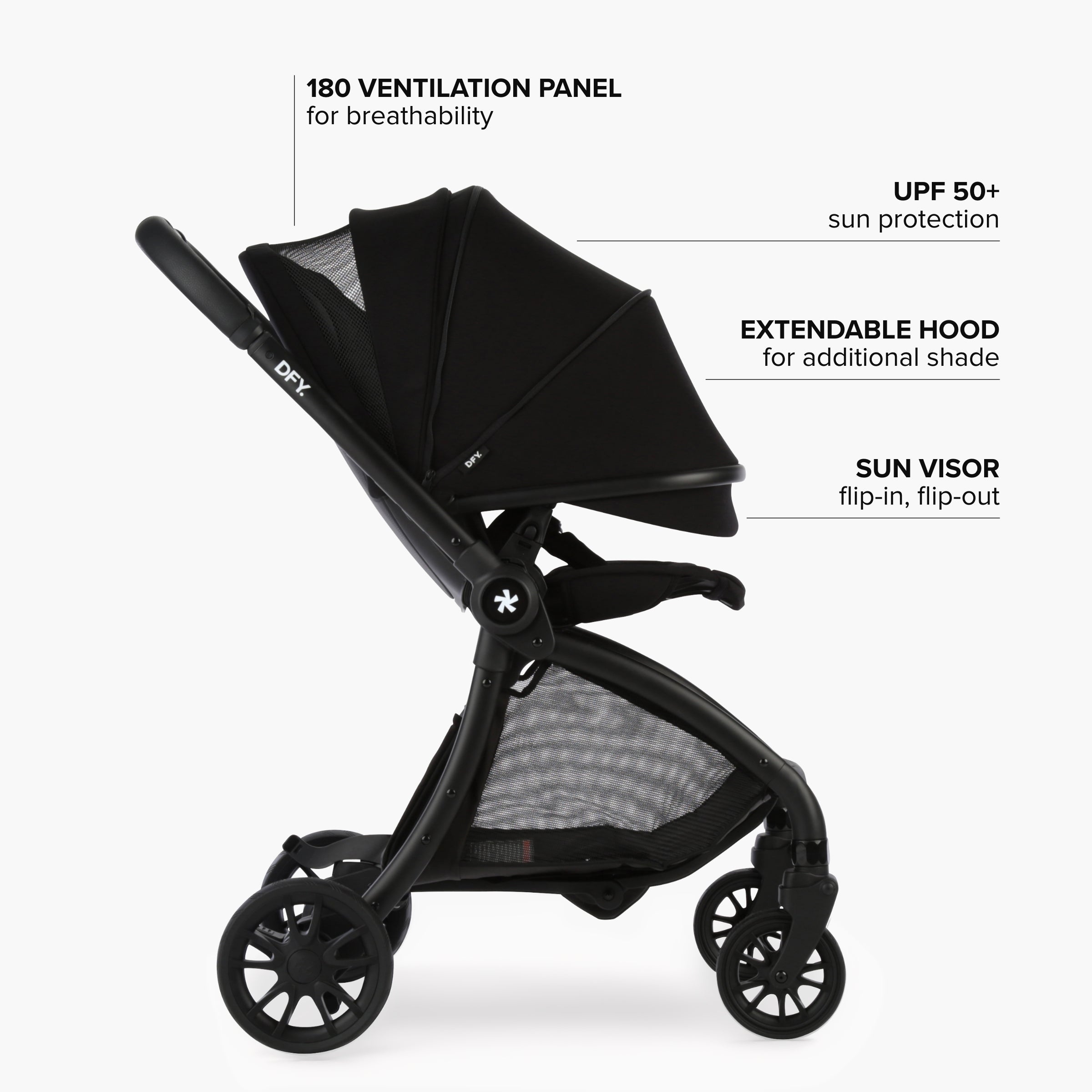 Image of stroller with hood and sun visor extended