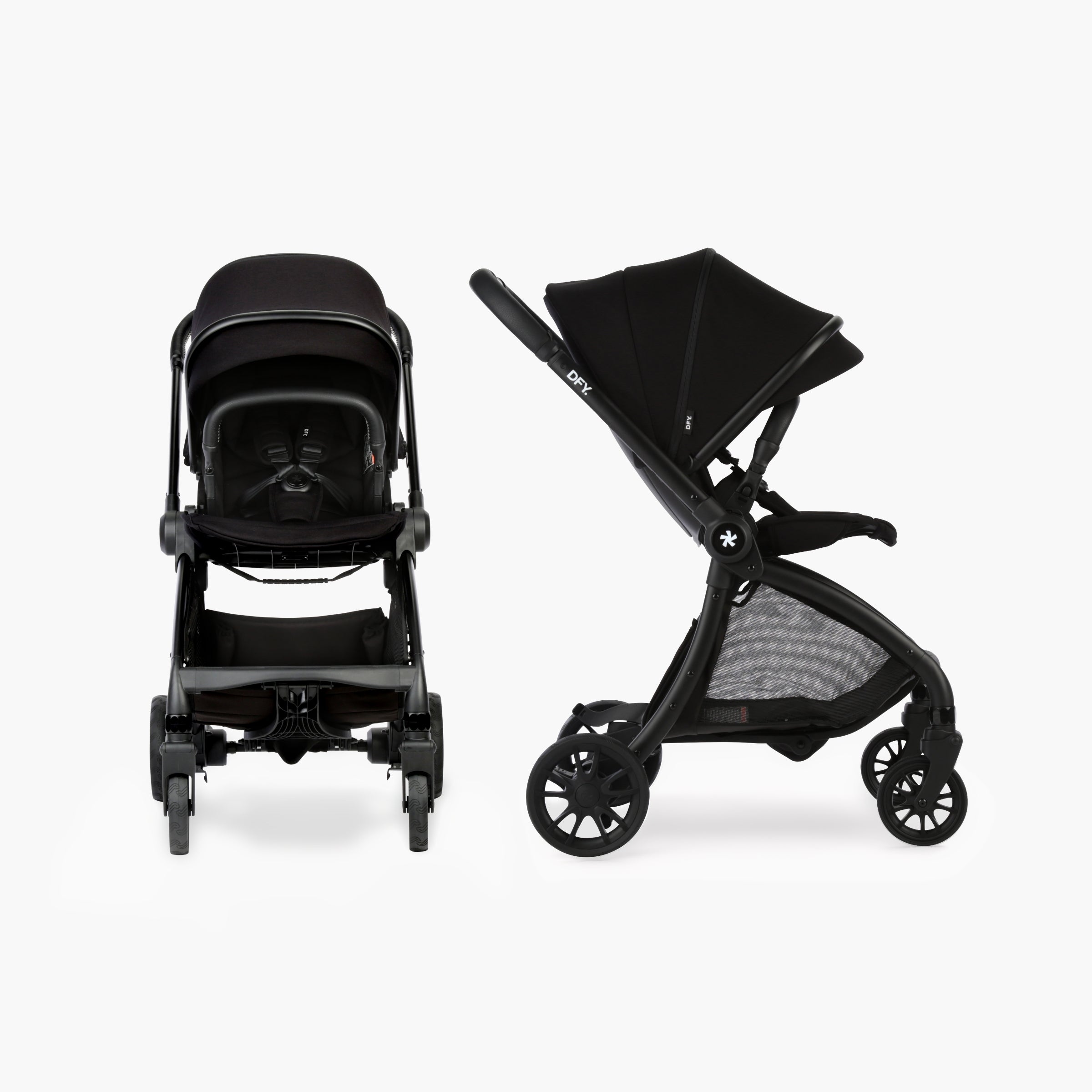 Shot of black R1 Stroller face on and on the side