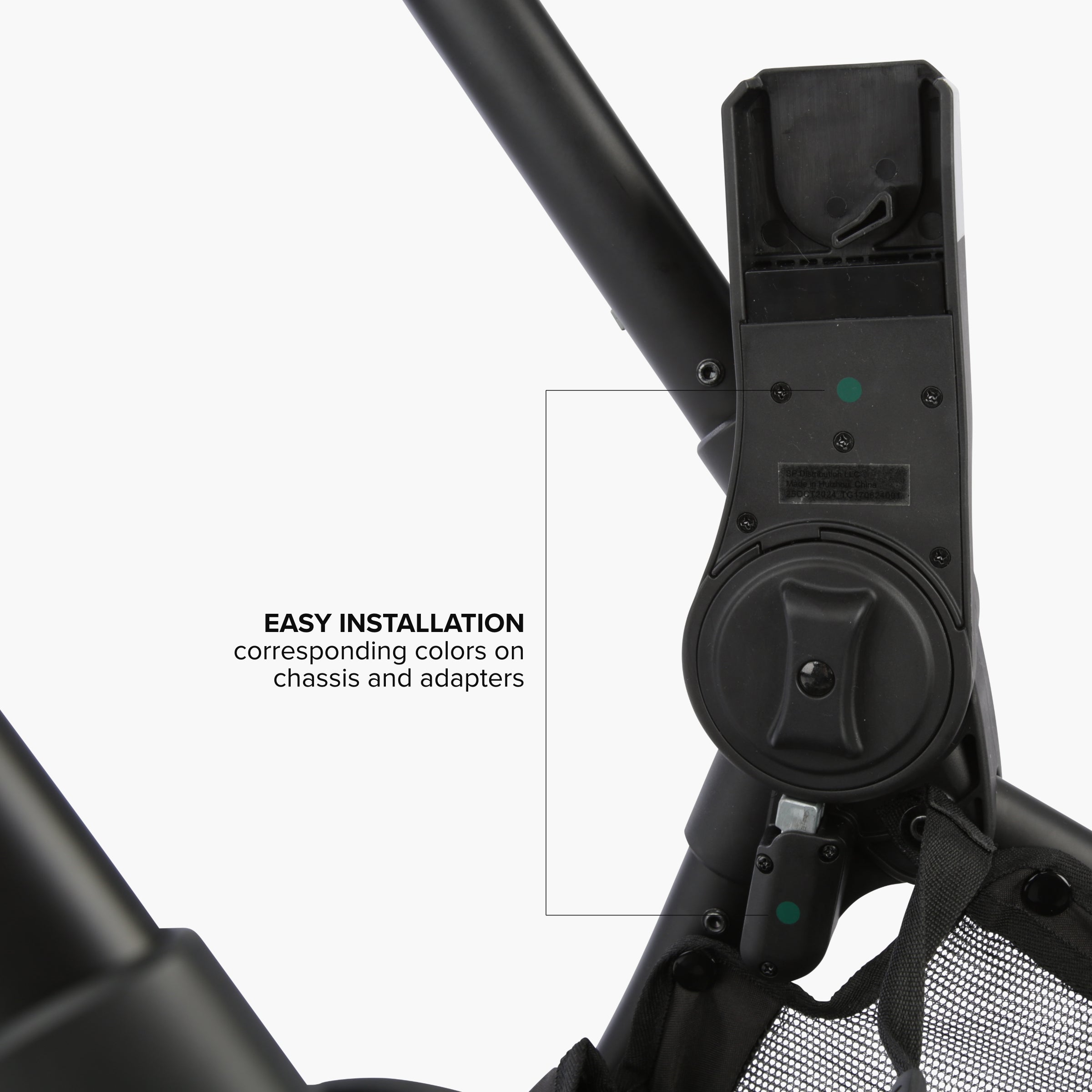 Close up image of adapters on stroller without car seat attached