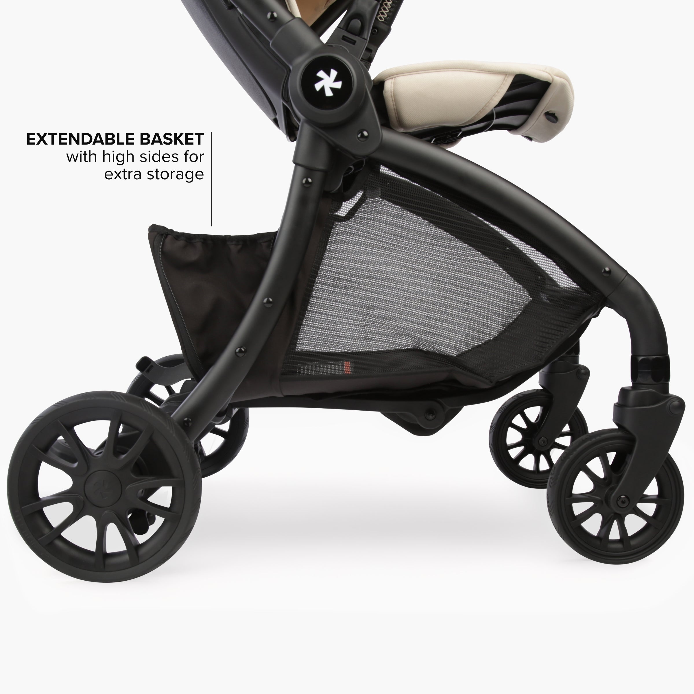 image of close up of extendable basket on the bottom of the stroller