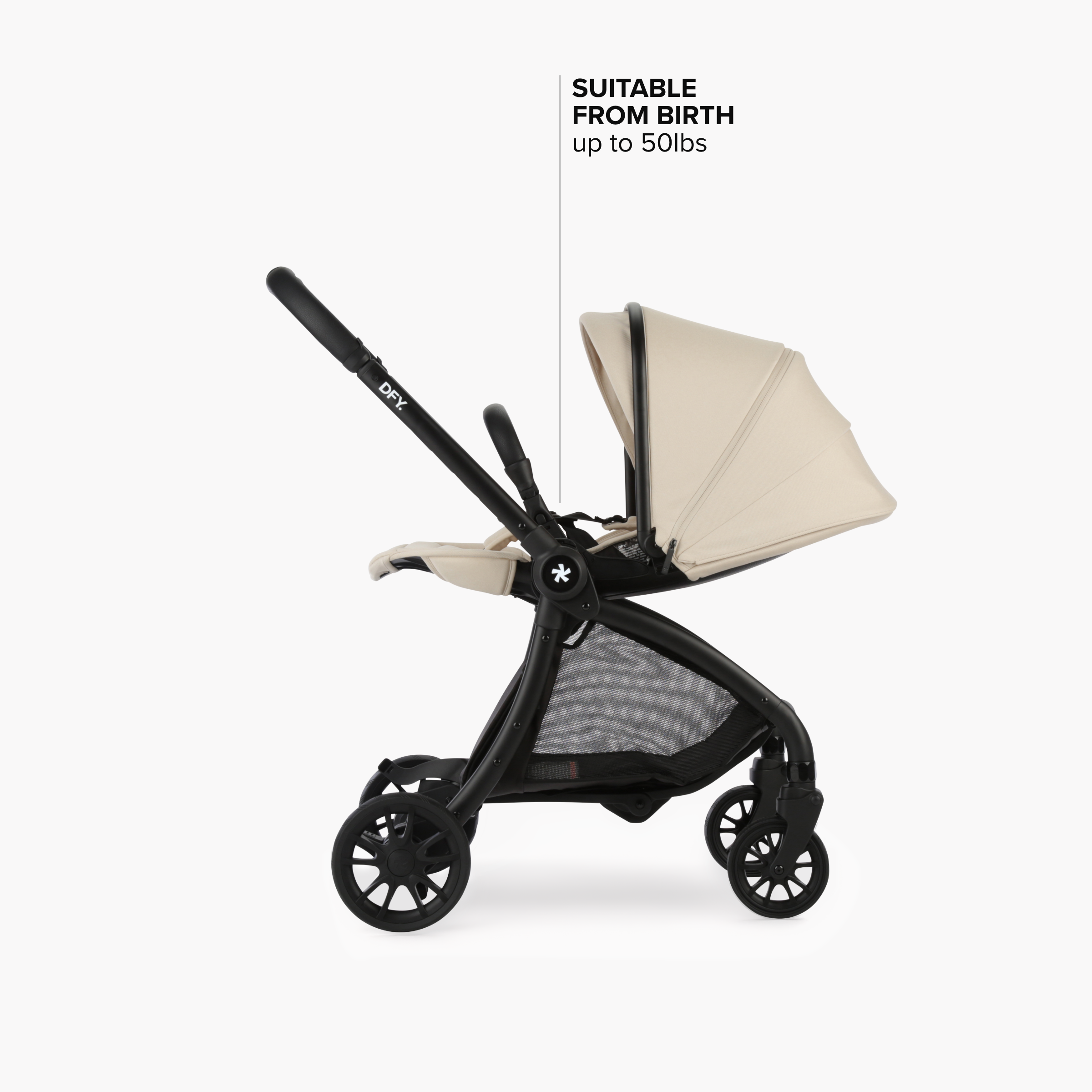 Image of cream stroller in lie flat position