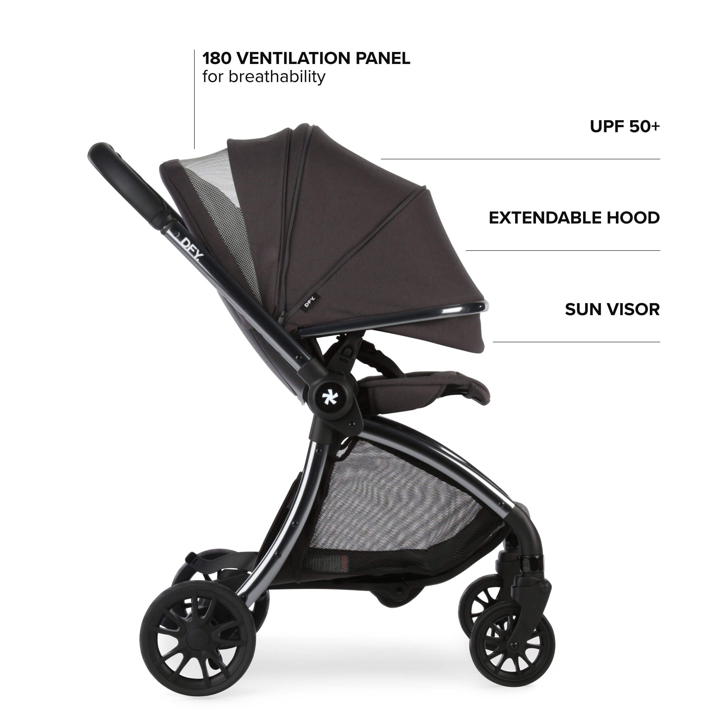 image of the hood and visor extended on the stroller