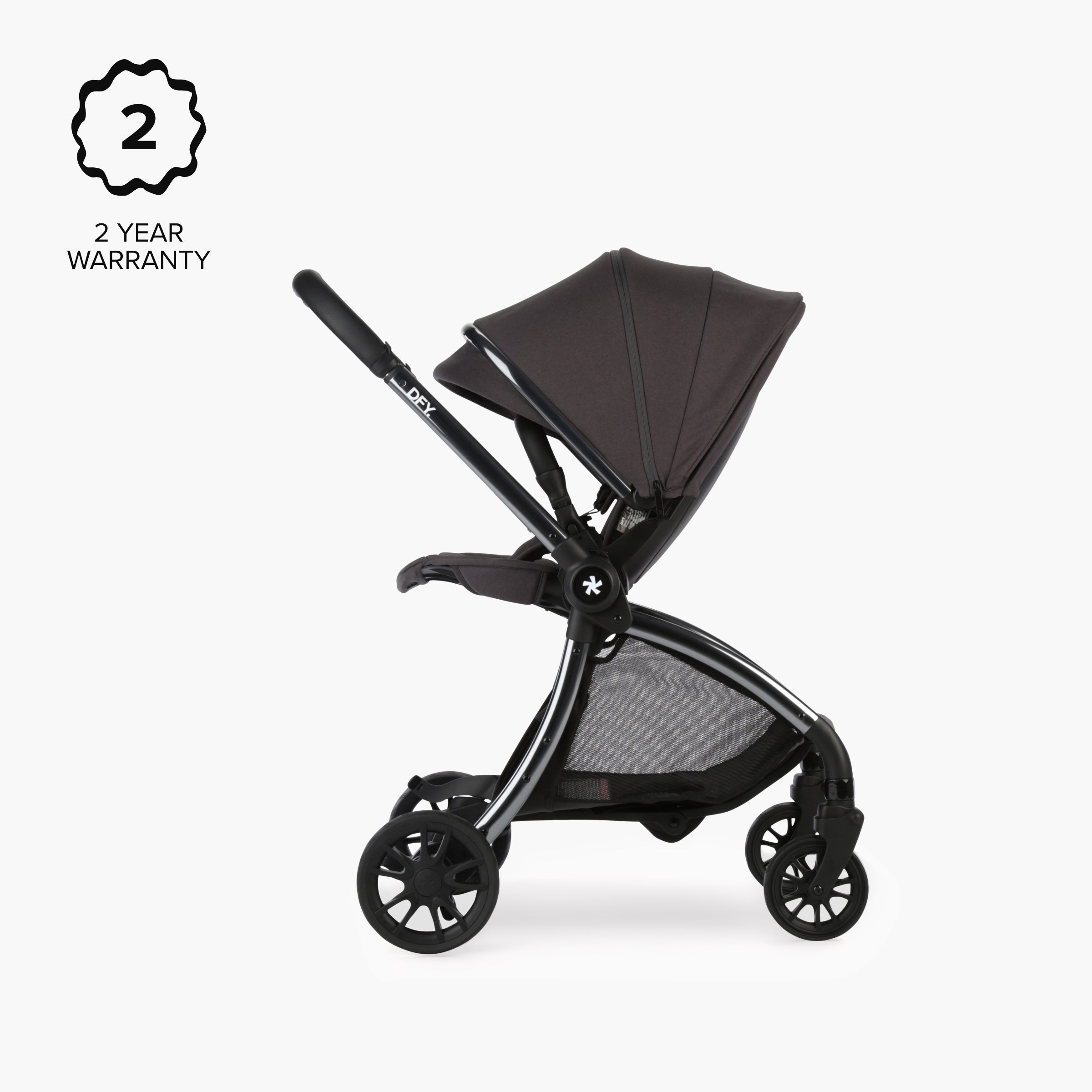 Image of stroller with 2 year warranty logo on it
