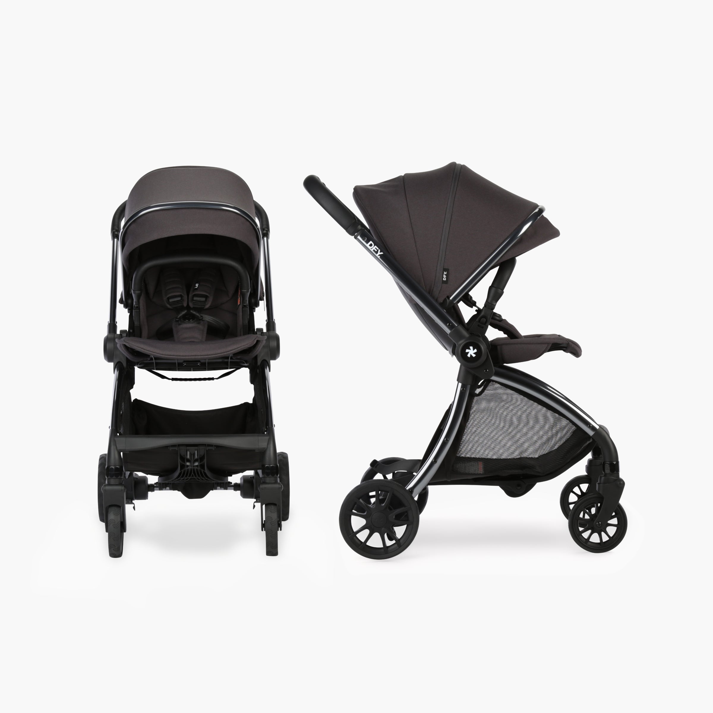 Image of gray stroller front and side on