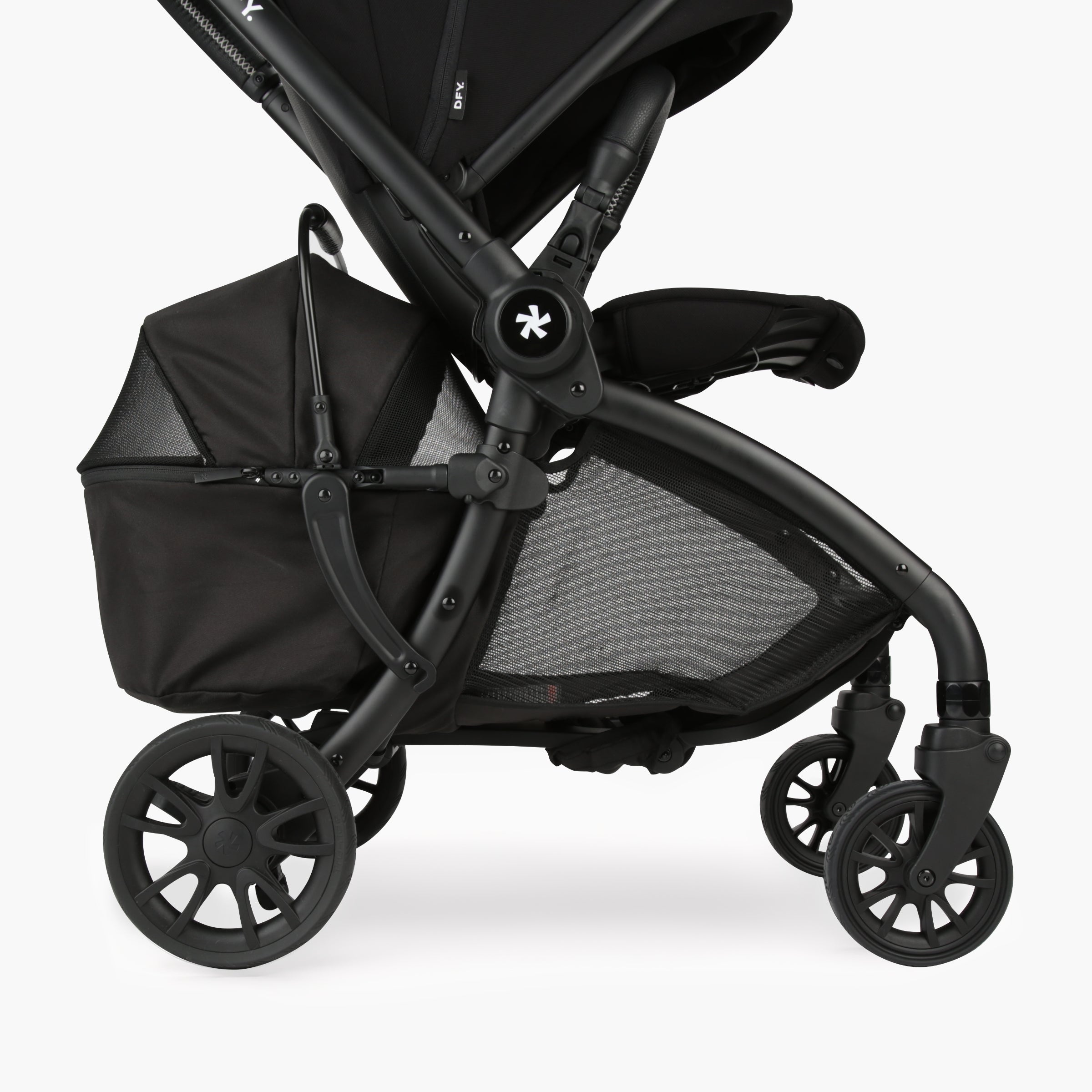 side shot of pet basket attached to stroller