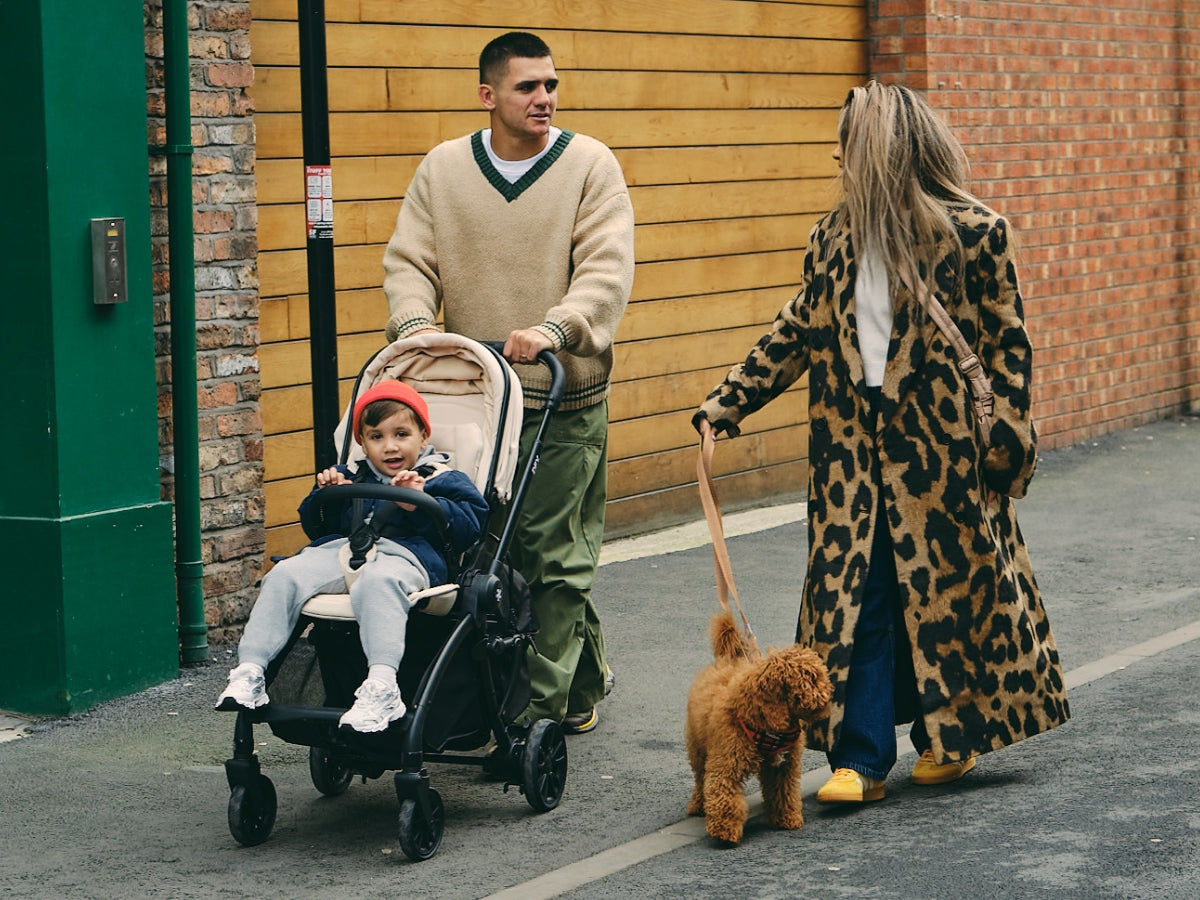 family out with their baby and dog on a walk