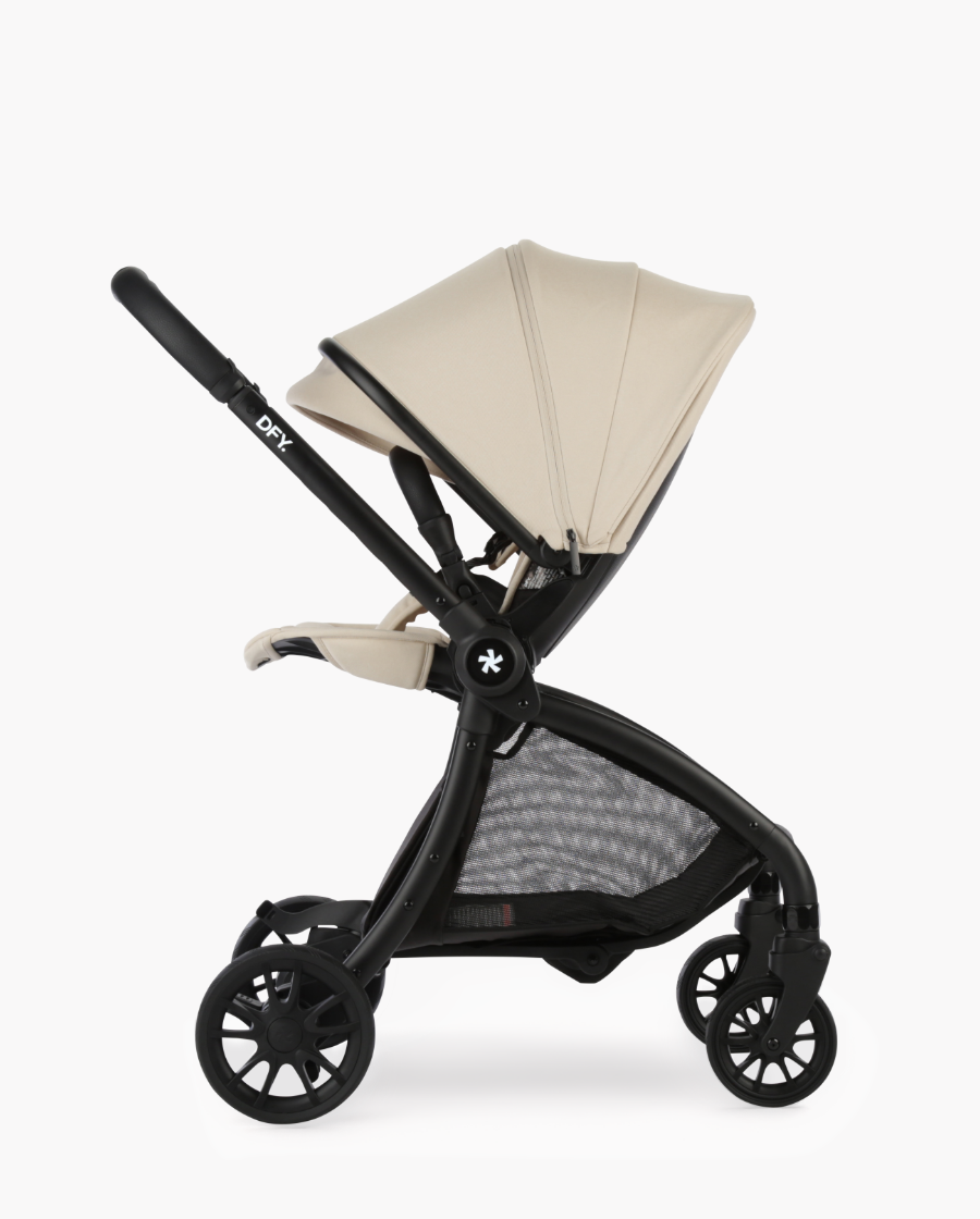 Cream stroller on a white background